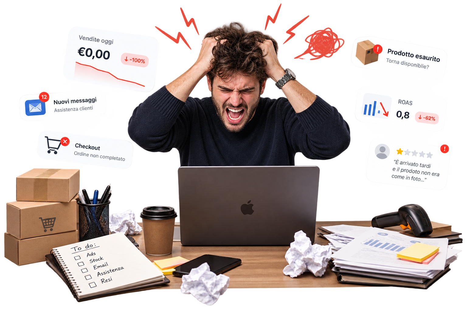 Imprenditore e-commerce sommerso da notifiche, ordini e attività